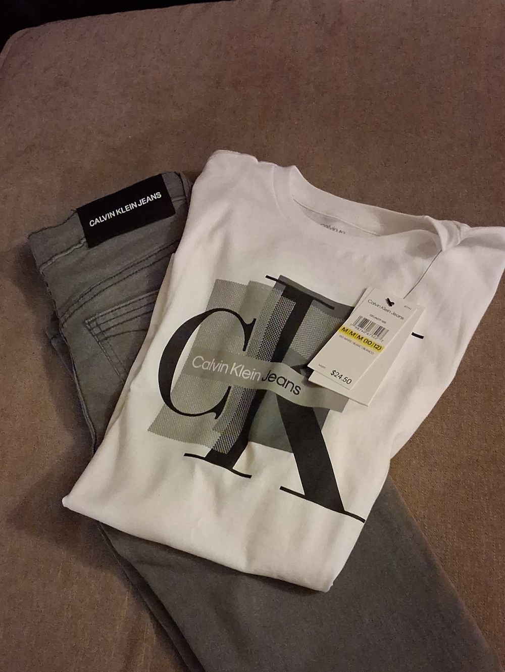 Calvin Klein Jeans White Logo Tee with Gray Jeans